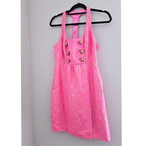 Milly Of NY Hot Pink Halter Style Jacquard Metallic Gold  Mini Dress